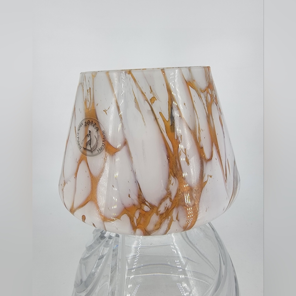 Hand Blown Glass‎ Zorza Poland Amber & White Marbled Gathering Candle 5" X 4.5"